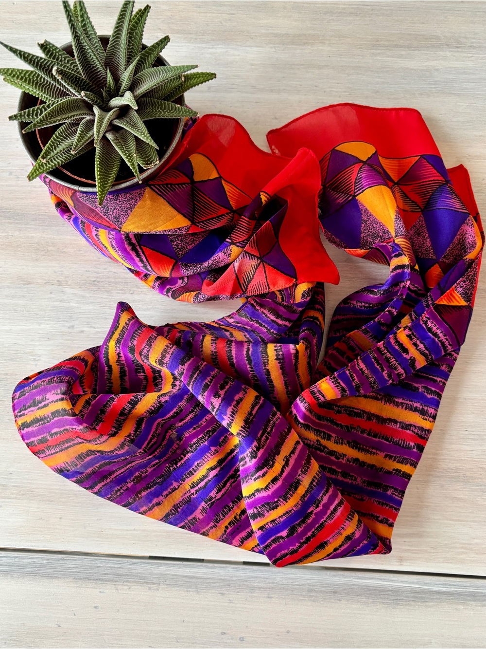 Vibrant Geometric & Stripe Scarf in Red, Purple, Orange